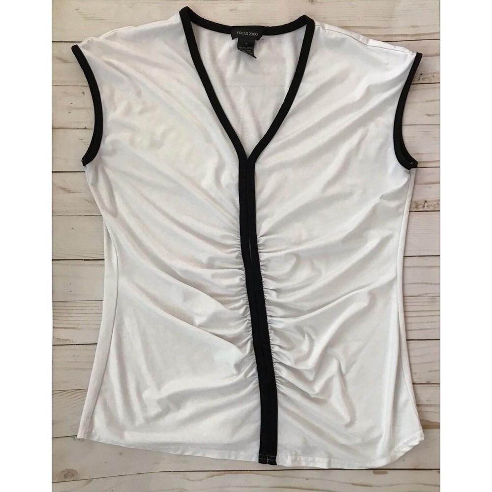 Focus 2000 Women’s Medium Sleeveless V-Neck Top White With Black Trim